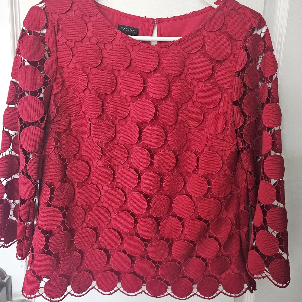 Talbots Opulent Dot Red Medallion Lace Blouse Size XS - Picture 2 of 5